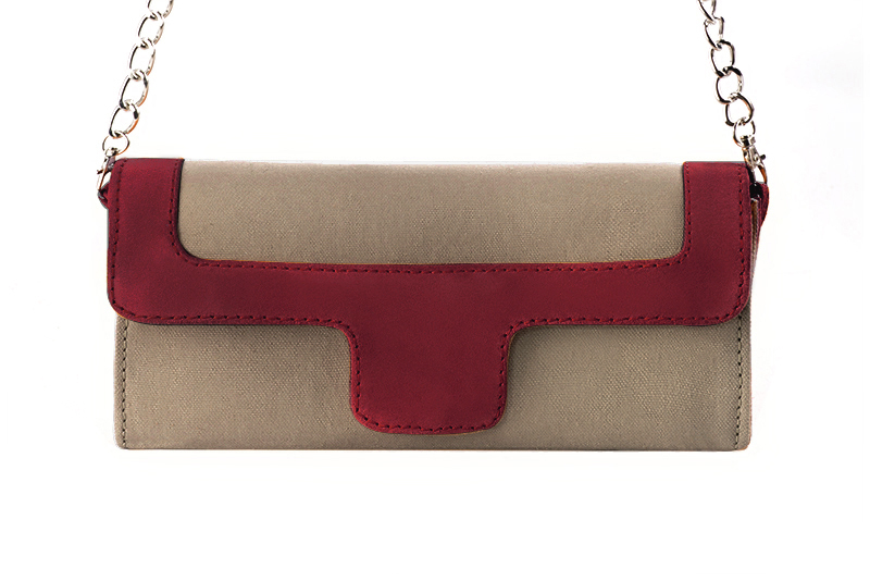 Women's tan beige and burgundy red luxurious elegant clutch for ceremonies, weddings and evenings out. - Profile view